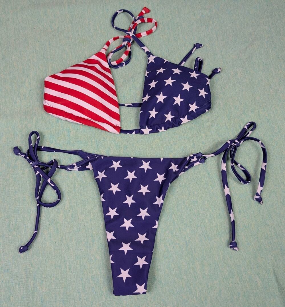 NWT XS Patriotic Stars And Stripes 2 Piece Bikini Set Red White Blue Padded USA